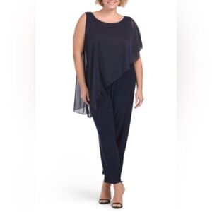 Elegant Navy Blue Chiifon Overlay Flare Plus Size Jumpsuit Size XL